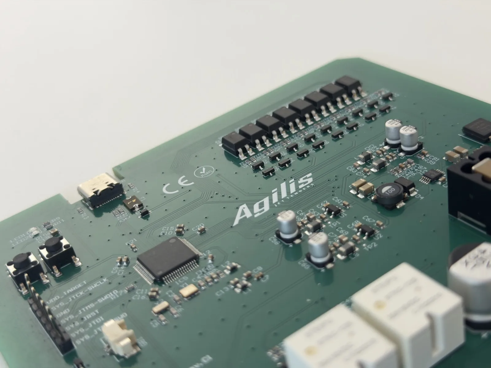 Agilis control board, angled view of the Agilis silkscreen, USB-C service port and driver stages